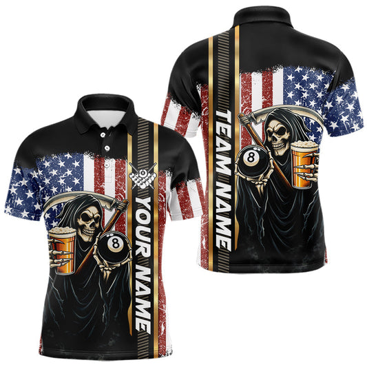 Maxcorners Grim Reaper With Beer Custom 8 Ball Billiard Shirt For Men, US Flag Pool Team Jersey Polo, 1/4 Zip