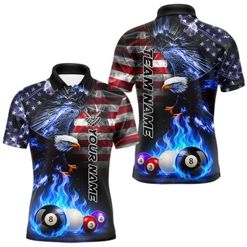 Maxcorners Blue Flame American Flag Eagle Billiard Shirts For Men Custom Pool Team Jersey Polo & Quarter Zip LM0106