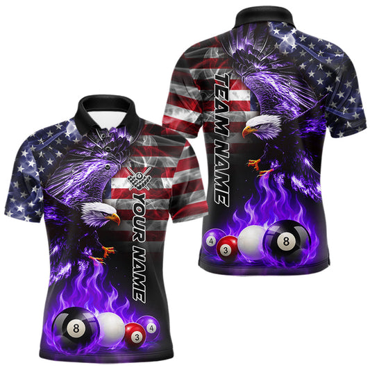 Maxcorners Purple Flame American Flag Eagle Billiard Shirts For Men Custom Pool Team Jersey Polo & Quarter Zip