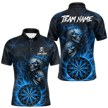 Maxcorners Personalized Blue Flaming Skull Darts Polo & 1/4 Zip For Men Custom Fire Darts Team Jersey LM0409