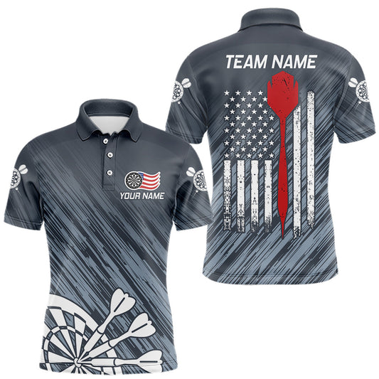 Maxcorners American Flag Grey Grunge Darts Shirt For Men Custom Patriotic Darts Jersey Team Polo & 1/4 Zip