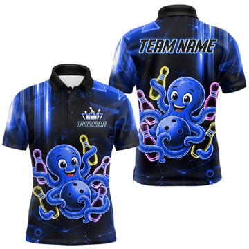 Maxcorners Blue Funny Neon Octopus Bowling Polo & 1/4 Zip For Men, Custom Bowling Team Shirt Bowling Jersey LM0607