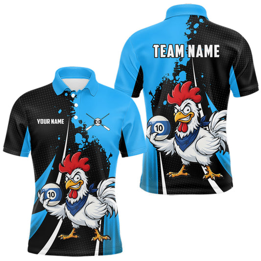 Maxcorners Black And Blue Funny Chicken 10 Ball Billiard Shirt For Men Custom Pool Team Jersey Polo & 1/4 Zip
