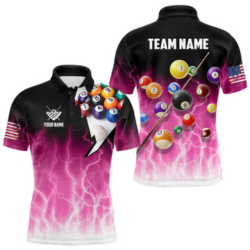 Maxcorners Pink Billiard Jersey For Men Custom Thunder Lightning 3D Pool Balls Team Jersey Polo & 1/4 Zip MT0708