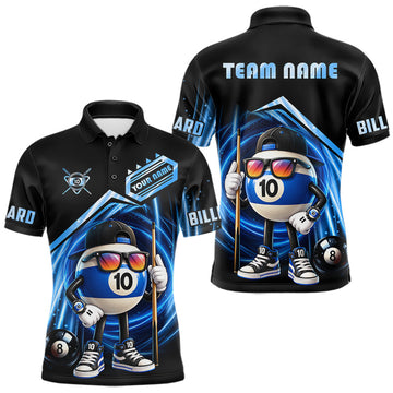Maxcorners Blue Funny 10 Ball Billiard Shirt For Men Custom Pool Team Shirt, Billiard Jersey Polo & 1/4 Zip