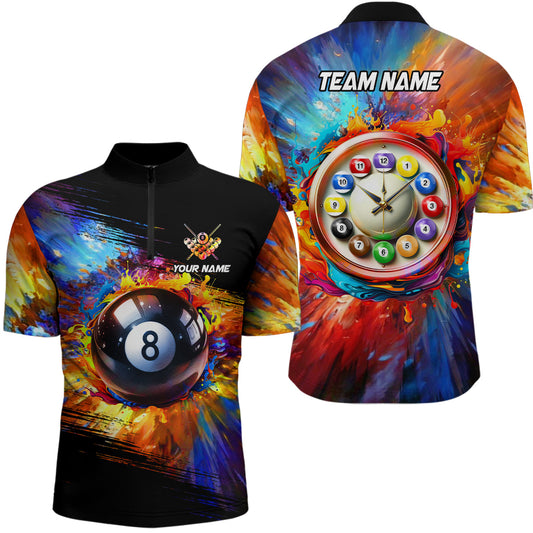 Maxcorners Personalized Colorful Billiard Clock Shirts For Men, Custom Funny 8 Ball Pool Polo Shirts Design