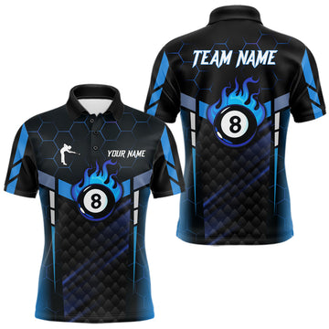 Maxcorners Personalized Blue 8 Ball Flame Billiard Polo & Quarter Zip For Men, 8 Ball Pool Team Jersey LM1104