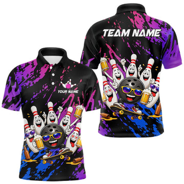 Maxcorners Custom Blue Purple Funny Bowling Pins Beer Bowling Shirts For Men Personalized Bowling Team Jersey LM1508