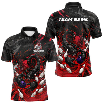 Maxcorners Custom Black And Red Grunge Scorpion Bowling Jersey For Men, Bowling Team Shirts Polo, Quarter Zip LM1508