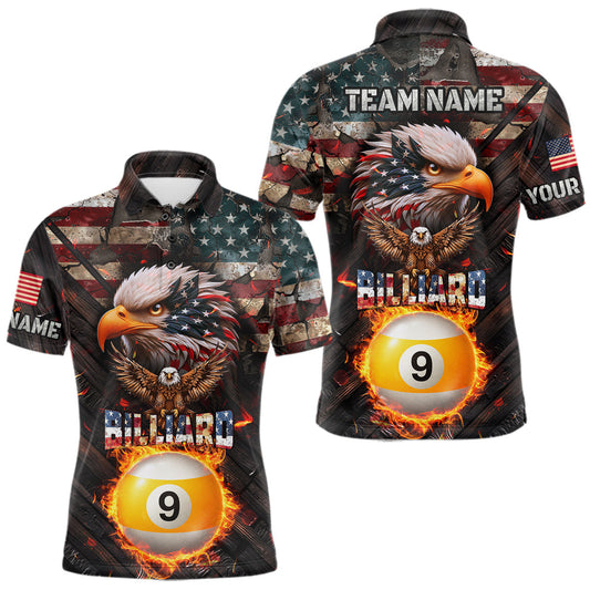 Maxcorners American Flag 9 Ball Fire Custom Eagle Billiard Shirt For Men, Patriotic Pool Jersey Polo, 1/4 Zip LM1202