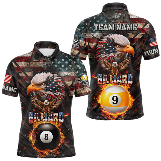 Maxcorners American Flag 8 Ball & 9 Ball Fire Custom Eagle Billiard Shirt For Men, Patriotic Pool Team Jersey LM1202