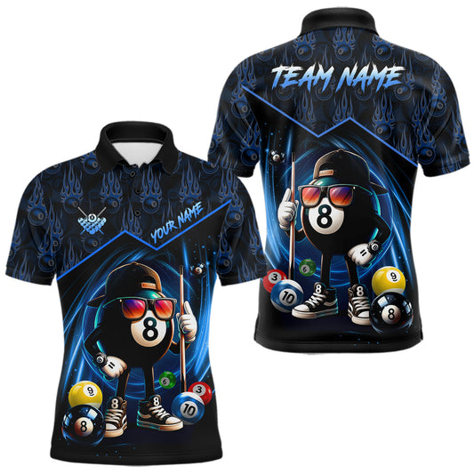 Maxcorners Blue Funny 8 Ball Pool Billiard Shirt For Men Custom Flame Billiard Team Jersey Polo & 1/4 Zip LM1104