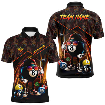 Maxcorners Orange Funny 8 Ball Pool Billiard Shirt For Men Custom Flame Billiard Team Jersey Polo & 1/4 Zip LM1104