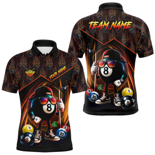 Maxcorners Orange Funny 8 Ball Pool Billiard Shirt For Men Custom Flame Billiard Team Jersey Polo & 1/4 Zip LM1104