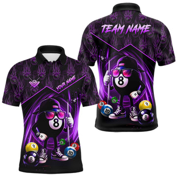 Maxcorners Purple Funny 8 Ball Pool Billiard Shirt For Men Custom Flame Billiard Team Jersey Polo & 1/4 Zip LM1104