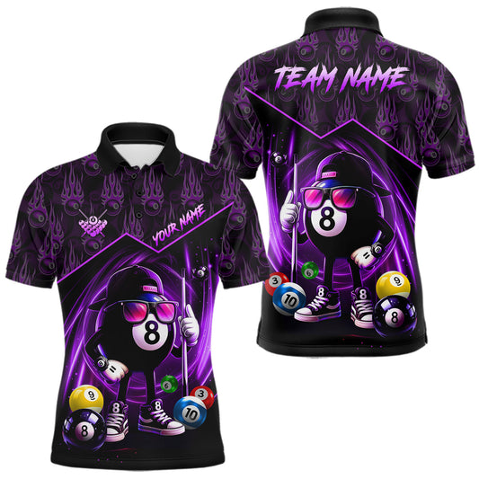 Maxcorners Purple Funny 8 Ball Pool Billiard Shirt For Men Custom Flame Billiard Team Jersey Polo & 1/4 Zip LM1104