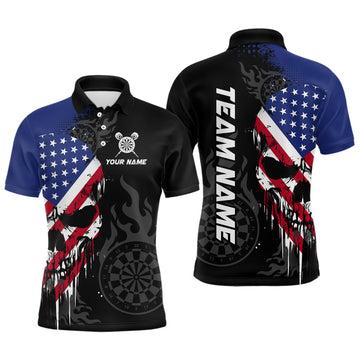 Maxcorners Grunge American Flag Skull Darts Shirt For Men Custom Patriotic Darts Team Jerseys Polo & 1/4 Zip LM2206