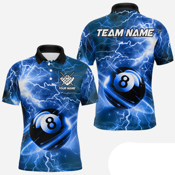 Maxcorners Blue 8 Ball Pool Thunder Lightning Billiard Shirt For Men Custom Billiard Jersey Polo, Quarter Zip