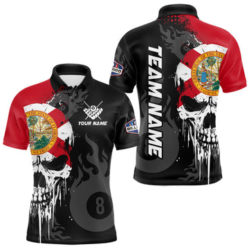 Maxcorners Grunge Florida Flag Skull 8 Ball Pool Custom Men Billiard Shirts, Patriotic Billiard Team Jerseys