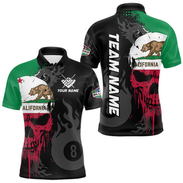 Maxcorners Grunge California Flag Skull 8 Ball Pool Custom Men Billiard Shirt, Patriotic Billiard Team Jersey