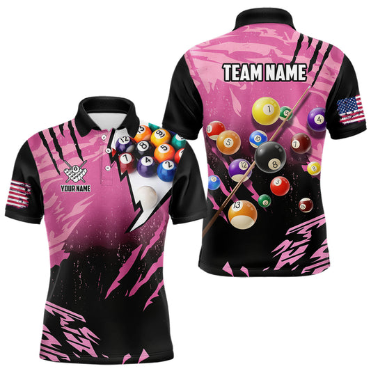 Maxcorners Personalized Pink Black Billiard Shirt For Men Custom 8 Ball Pool Billiard Jersey Polo & 1/4 Zip LM1112