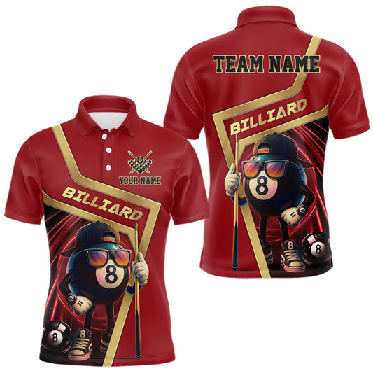 Maxcorners Red Funny 8 Ball Pool Billiard Shirt For Men Custom Gold Billiard Team Jersey Polo & 1/4 Zip