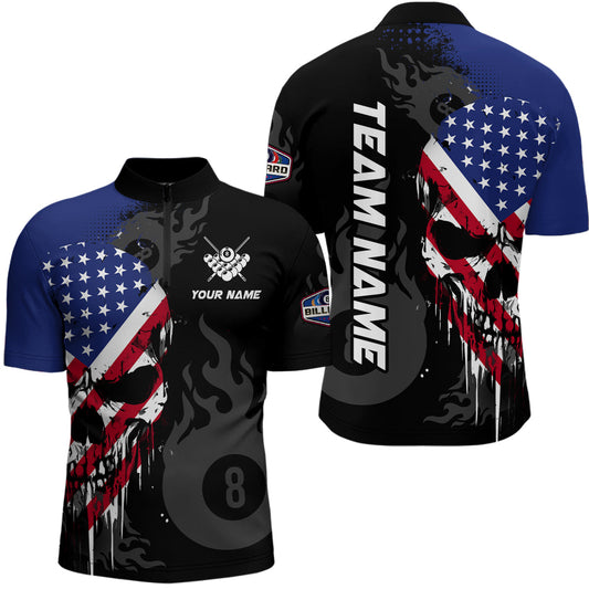 Maxcorners Grunge American Flag Skull 8 Ball Pool Custom Men Billiard Shirts, Patriotic Billiard Team Jerseys LM0210