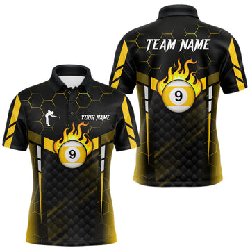 Maxcorners Personalized Yellow 9 Ball Flame Billiard Polo & Quarter Zip For Men, 9 Ball Pool Team Jersey