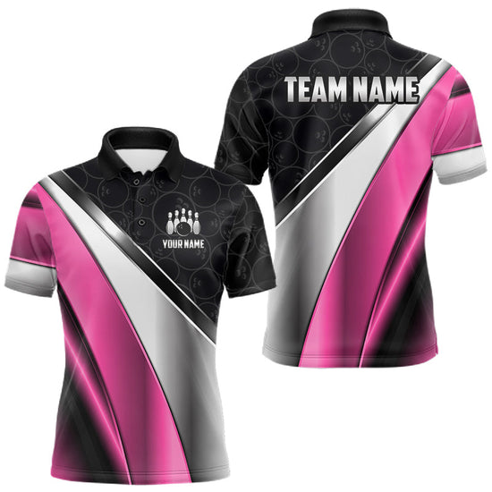 Maxcorners Custom Pink, Black And Silver Bowling Shirt For Men Bowling League Jersey Bowling Tournament Shirt