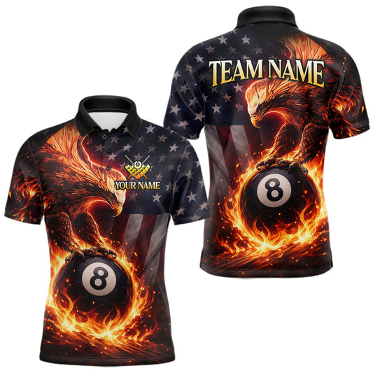 Maxcorners American Flag Flame 8 Ball Eagle Billiard Shirt For Men Custom Pool Team Shirt, Billiard Jersey