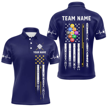 Maxcorners Customized Navy Blue American Flag Billiard Shirt For Men, 9 Ball Pool Team Jersey Polo & 1/4 Zip