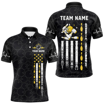 Maxcorners American Flag Black Bowling Shirts For Men Custom Patriotic Bowling Team Jersey Polo & 1/4 Zip