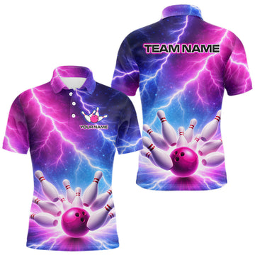Maxcorners Custom Thunder Lightning Red & Purple Bowling Shirt For Men, Bowling Team Jersey Polo & 1/4 Zip