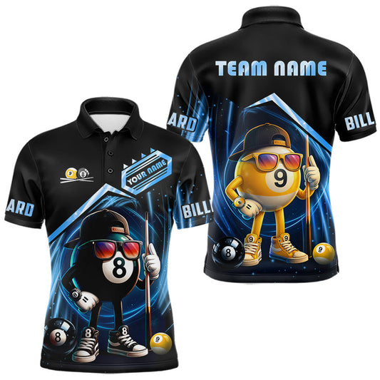 Maxcorners Blue Funny 8 Ball & 9 Ball Pool Billiard Shirt For Men Custom Billiard Team Jersey Polo & 1/4 Zip LM2405