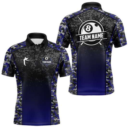 Maxcorners Navy Blue Camo 8 Ball Billiard Shirt For Men Custom Pool Team Shirt, Billiard Jersey Polo & 1/4 Zip LM2512