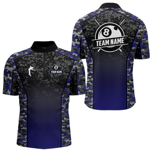 Maxcorners Navy Blue Camo 8 Ball Billiard Shirt For Men Custom Pool Team Shirt, Billiard Jersey Polo & 1/4 Zip LM2512
