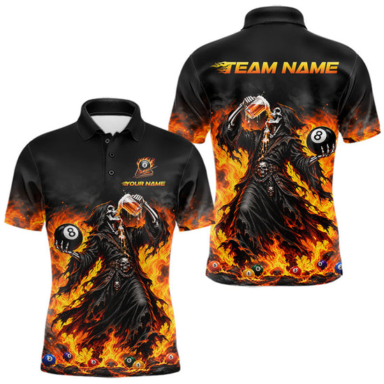 Maxcorners Orange Flaming Grim Reaper Beer Billiard Shirts for Men Custom 8 Ball Pool Team Jersey