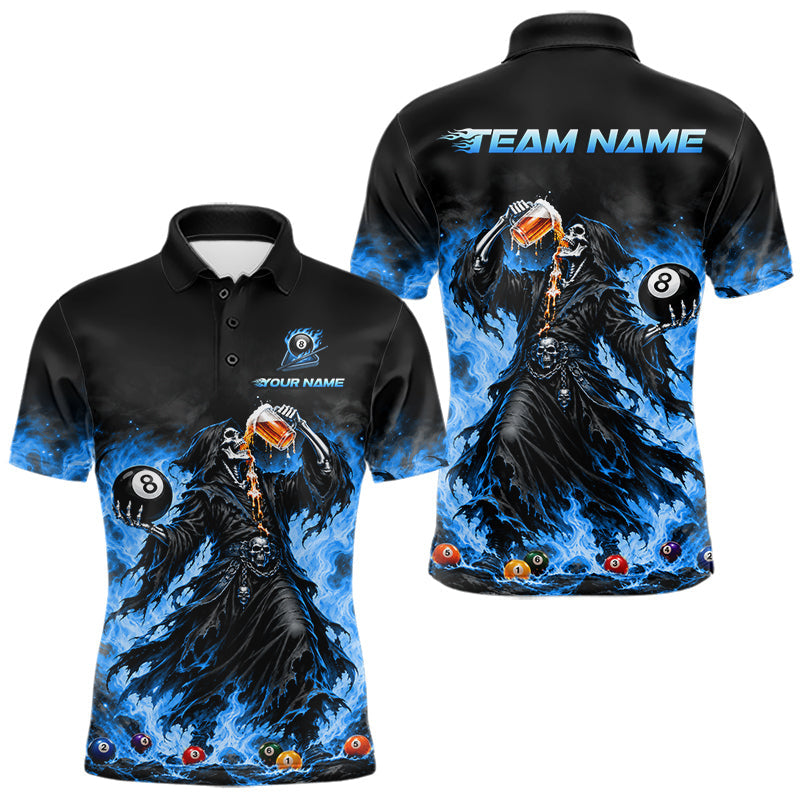 Maxcorners Funny Blue Flaming Grim Reaper Beer Billiard Shirts for Men Custom 8 Ball Pool Team Jersey