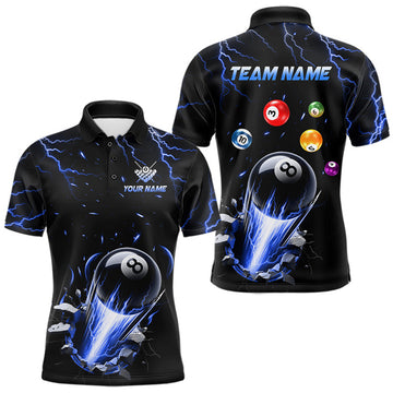 Maxcorners Personalized Blue Lightning Strike 8 Ball Pool Billiard Shirts For Men, Billiard League Team Jersey LM2607