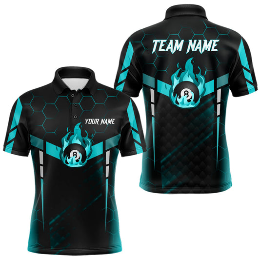 Maxcorners Personalized Turquoise 8 Ball Flame Billiard Shirt For Men, Billiard Team Jersey Polo & 1/4 Zip