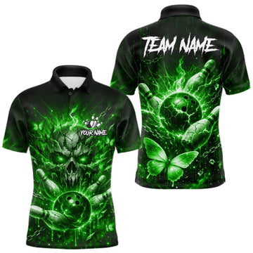 Maxcorners Personalized Green Skull Butterfly Bowling Shirt For Men Custom Bowling Team Jersey Polo & 1/4 Zip LM0409