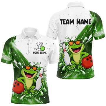 Maxcorners Green And White Funny Frog Bowling Polo, Quarter Zip Shirt For Men Custom Bowling Team Jersey LM0409