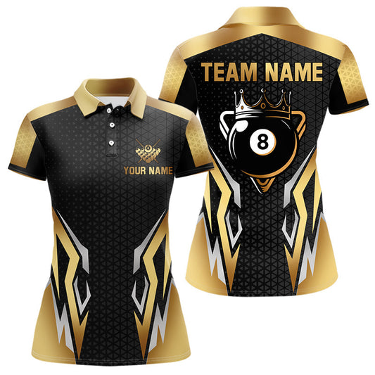Maxxcorners Black And Golden 8 Ball Pool Crown Billiard Shirt For Women Custom Billiard Jersey Polo & 1/4 Zip LM1904