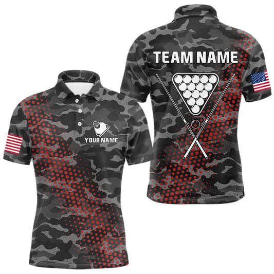 Maxcorners Personalized Red & Grey Camo Billiard Shirt For Men, 8 Ball Billiard Jersey Team Polo & 1/4 Zip LM1203