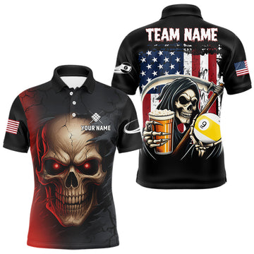 Maxcorners Custom Blue Flaming Grim Reaper 8 Ball Pool Shirt For Men, Funny Skull Pool Team Jersey LM1112
