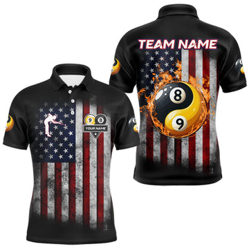 Maxcorners Grunge American Flag 8 & 9 Ball Yin-Yang Billiard Polo & 1/4 Zip Custom Pool Team Jersey For Men LM0803