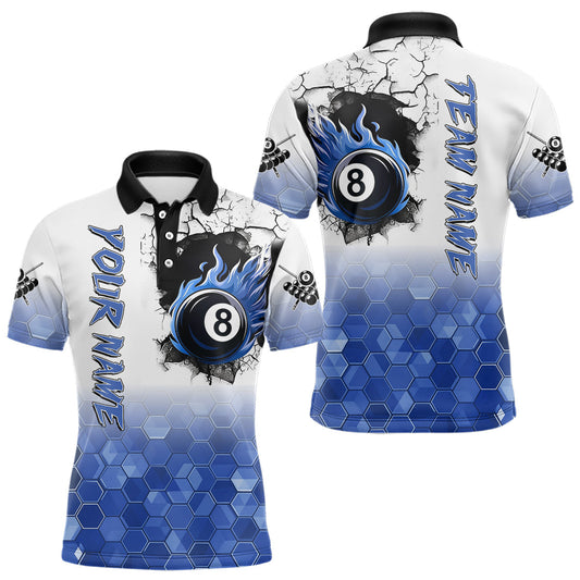 Maxcorners Custom White And Blue Hexagon 8 Ball Flame Billiard Shirt For Men, Funny Pool Team Jersey LM1903