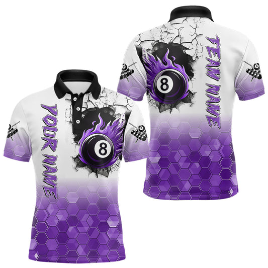 Maxcorners Custom White And Purple Hexagon 8 Ball Flame Billiard Shirt For Men, Funny Pool Team Jersey LM1903