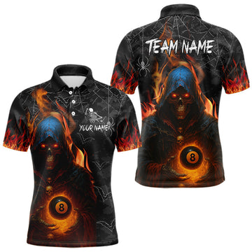 Maxcorners Personalized Flaming Grim Reaper 8 Ball Pool Billiard Shirt For Men, Halloween Billiard Outfit LM1903