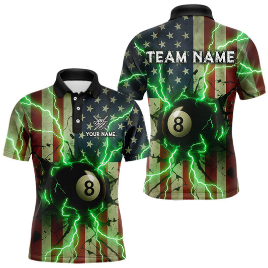 Maxcorners Green 8 Ball Lightning American Flag Billiard Shirt For Men Custom Patriotic Pool Team Jersey LM0412